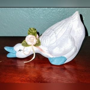 Vintage Hand-Painted Blue Ceramic/Porcelain Duck Figurine w/Flower Accent
